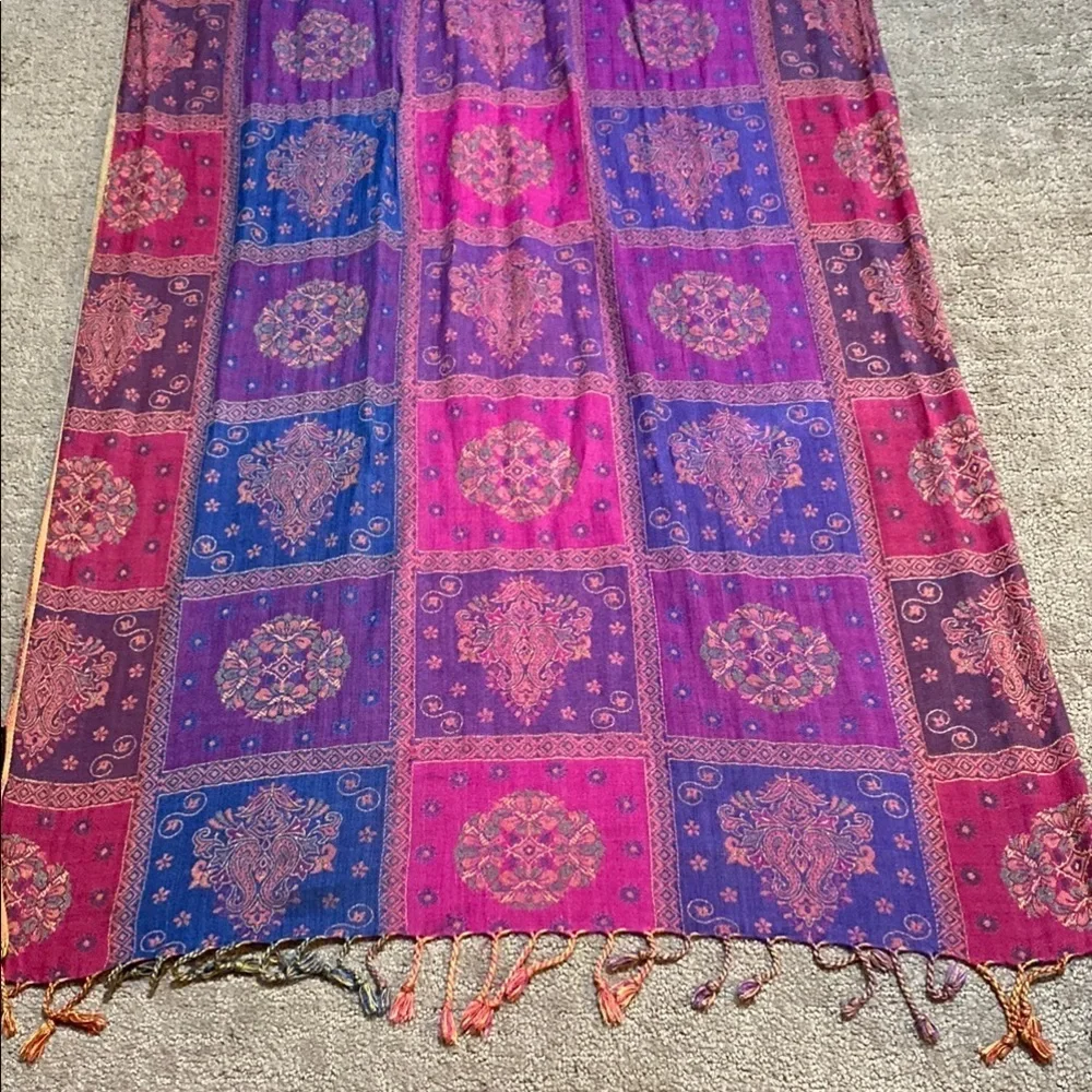 Vibrant Pink and Purple Geometric Scarf with Tassels Spring Wedding Guest